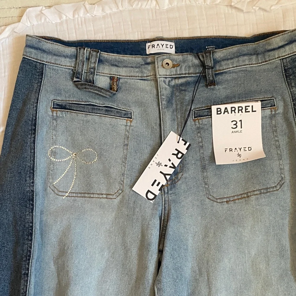 FRAYED Two-Tone Light Blue and Dark Blue Relaxed Barrel  Jeans 99% Cotton